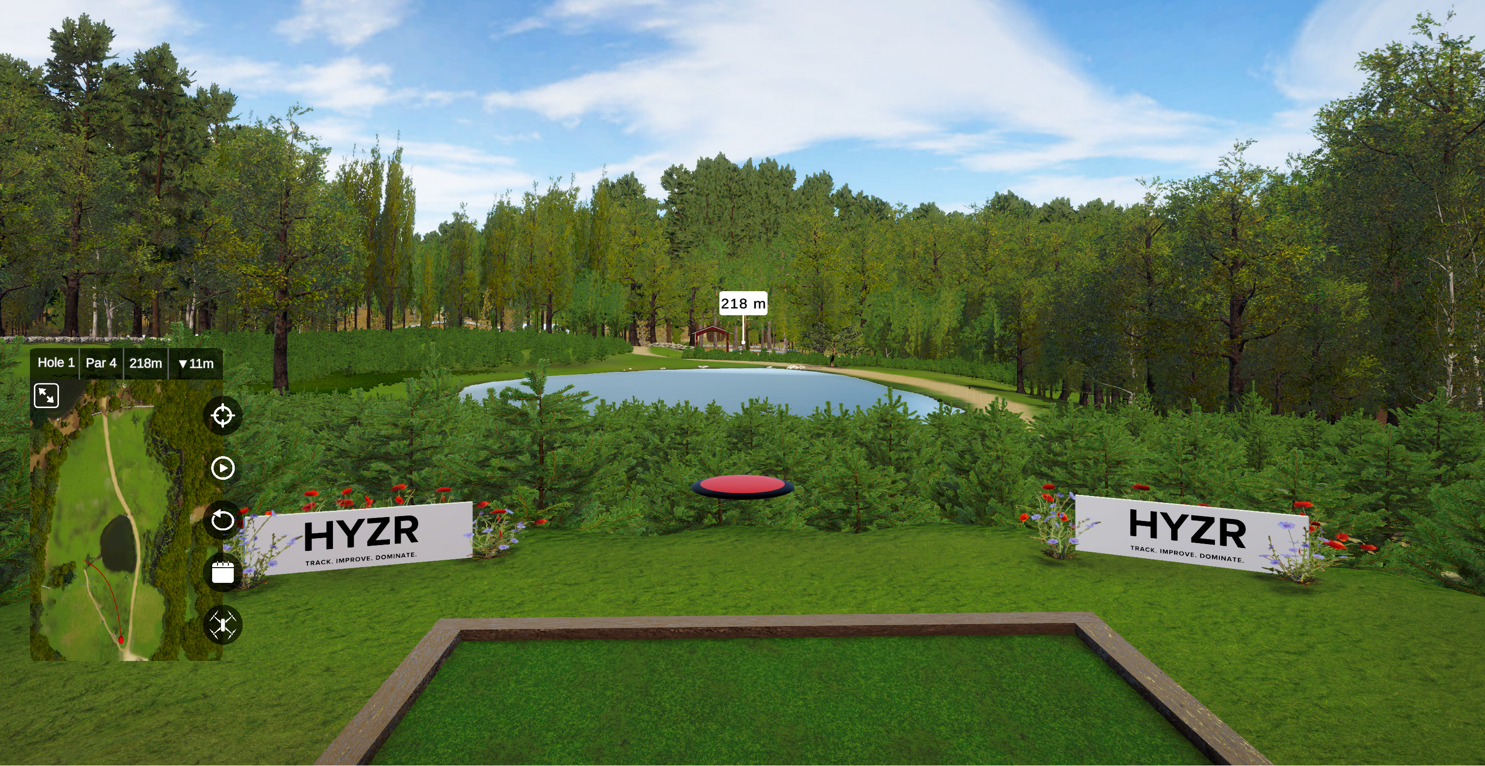 Virtual disc golf course with trees and sky in the background