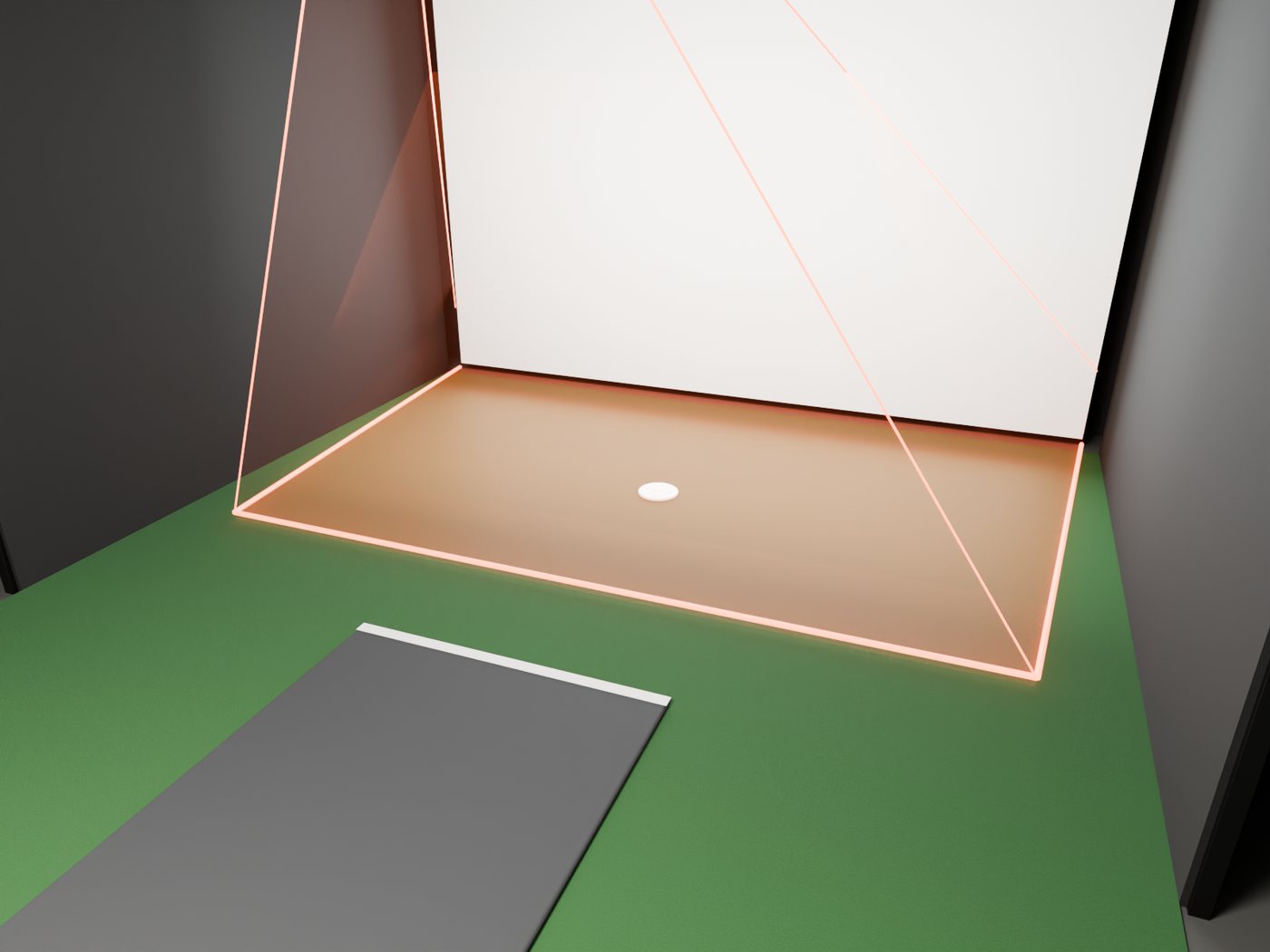Golf simulator bay with hitting mat, capture area and impact screen.