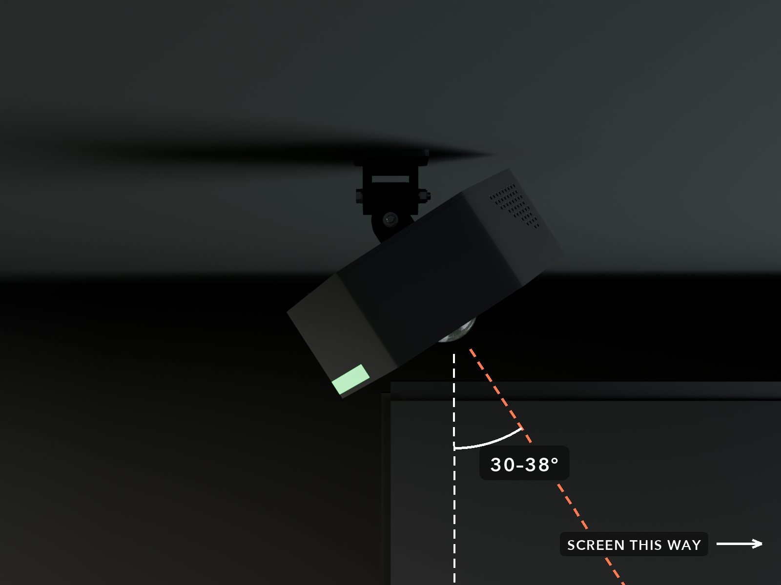 HYZR One on its bracket, tilted 30 to 38 degrees toward the screen.